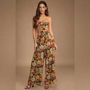 NWT Lulu’s Spring Garden Floral Print Strapless Jumpsuit Black Size XL